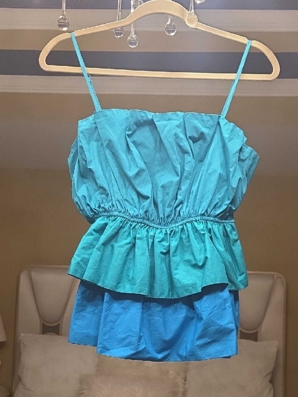 Milly Naiomi Cotton 3 Color Tiered Ruffled Peplum Spaghetti Strap Top  S - Picture 4 of 16